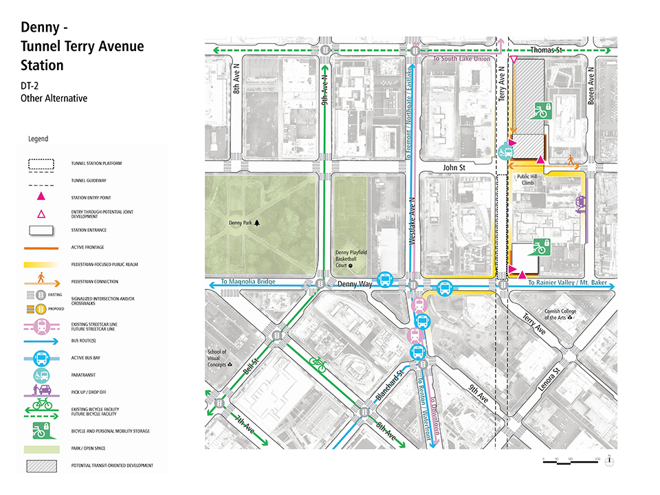 A map describes how pedestrians, bus riders, streetcar riders, bicyclists, and drivers could access the Denny – Tunnel Terry Avenue Station. 